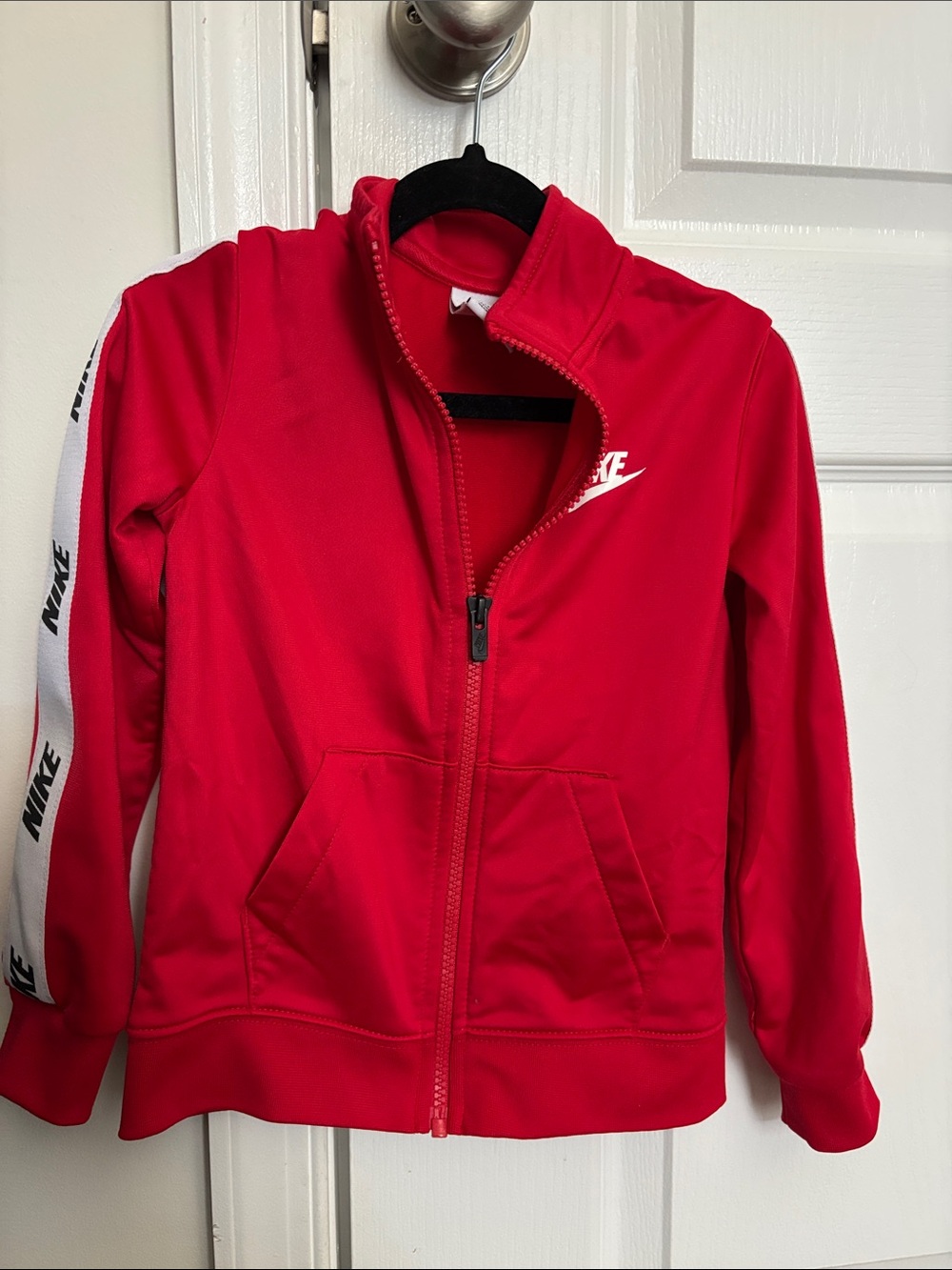 Nike Kids Red Full-Zip Hoodie with White Logo and Sleeve Stripe